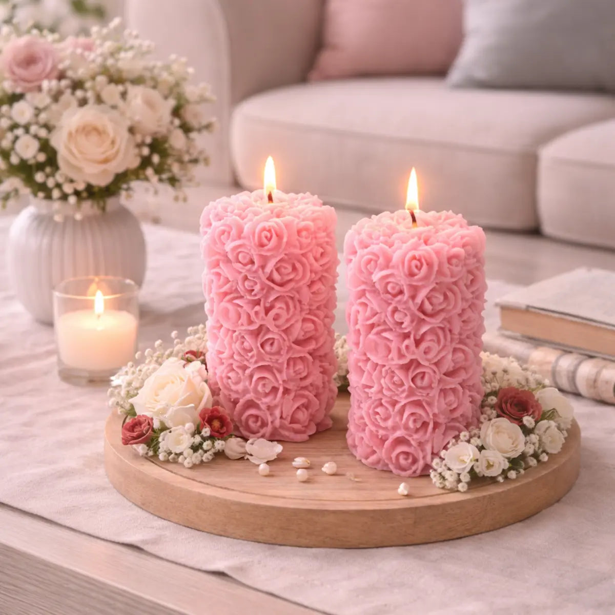 2er Set Sojawachs Duftkerzen mit Vanilleduft Säule im Blumen Design dekorative Aromakerzen online bestellen