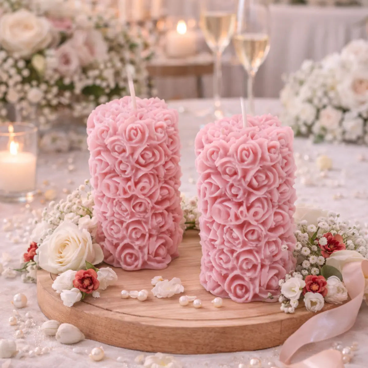 2er Set Sojawachs Duftkerzen mit Vanilleduft Säule mit Rosen Design dekorative Aromakerzen online bestellen