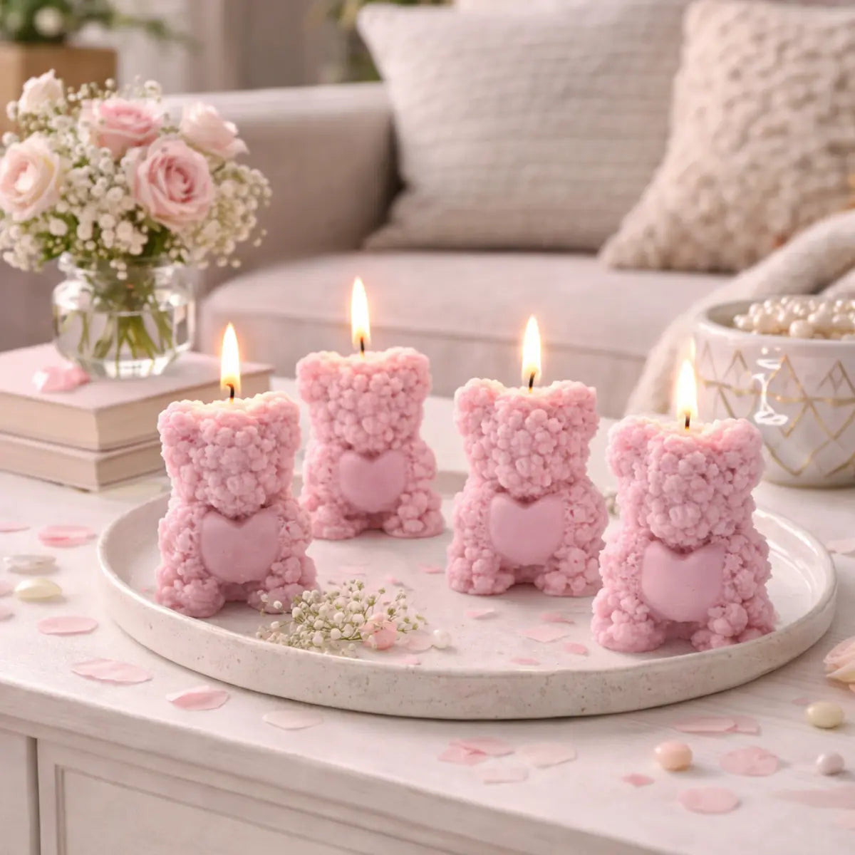 4er Set Duftkerzen Sojawachs mit Vanilleduft Teddy mit Herz Premium Aromakerzen online bestellen
