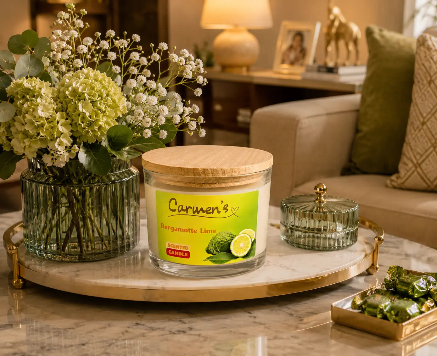 Carmen’s Bergamotte Lime – Luxus Soja-Duftkerze mit Holzdocht (ca. 840g)