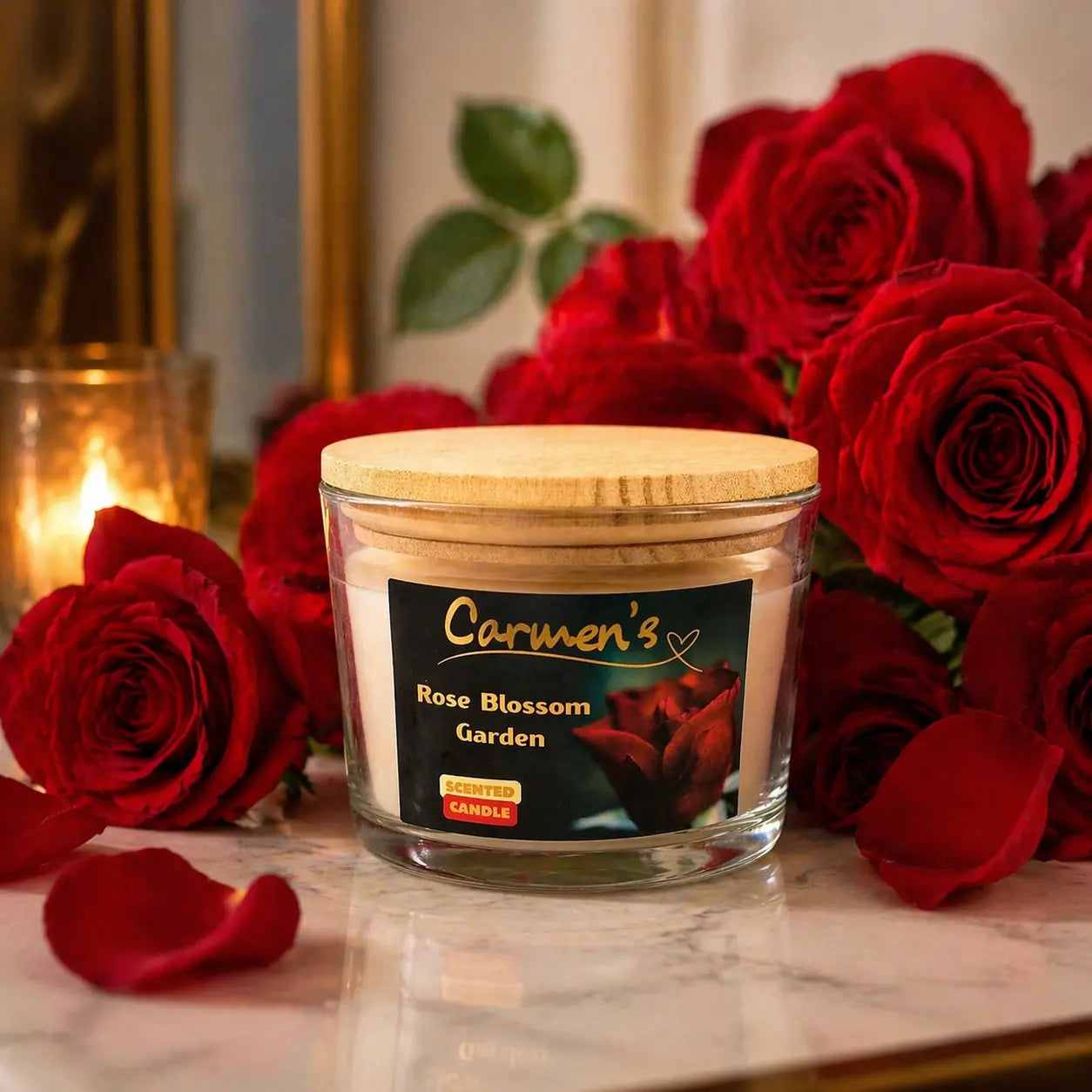 Carmen's Rose Blossom Garden – Luxus Soja-Duftkerze mit Holzdocht (ca. 840g)