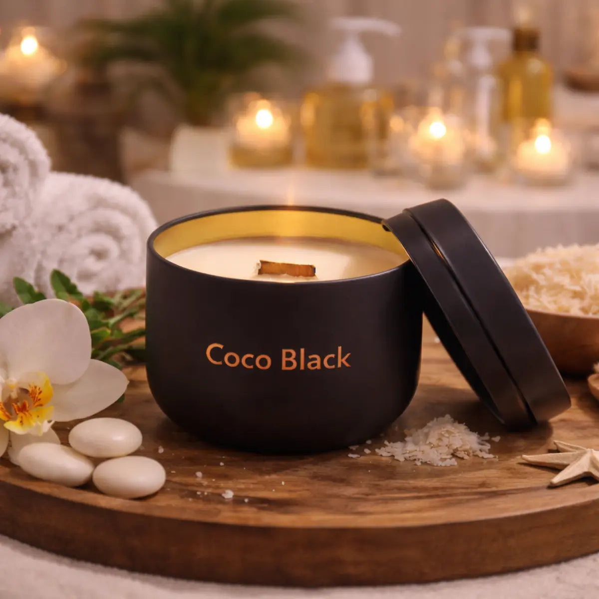 Edle Kokoswachs Duftkerze Coco Black mit Cocosduft in Metaldose mit Deckel Aromakerze online kaufen