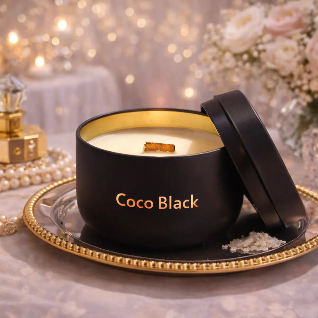 Kokoswachs Duftkerze Coco Black mit Cocosduft in Metaldose mit Deckel Aromakerze online kaufen