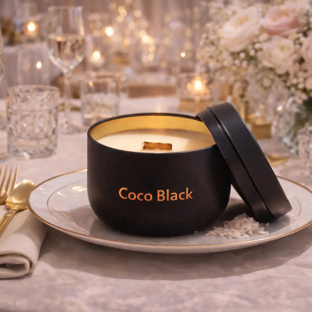 Kokoswachs Duftkerze Coco Black mit Cocosduft in Metaldose mit Deckel Premium Aromakerze online kaufen