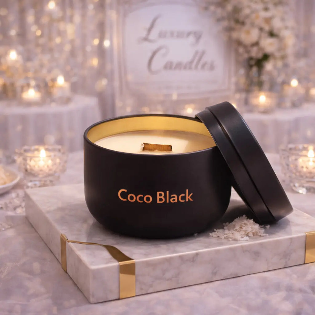Kokoswachs Duftkerze Coco Black mit Cocosduft in Metaldose mit Deckel Luxus Aromakerze online kaufen