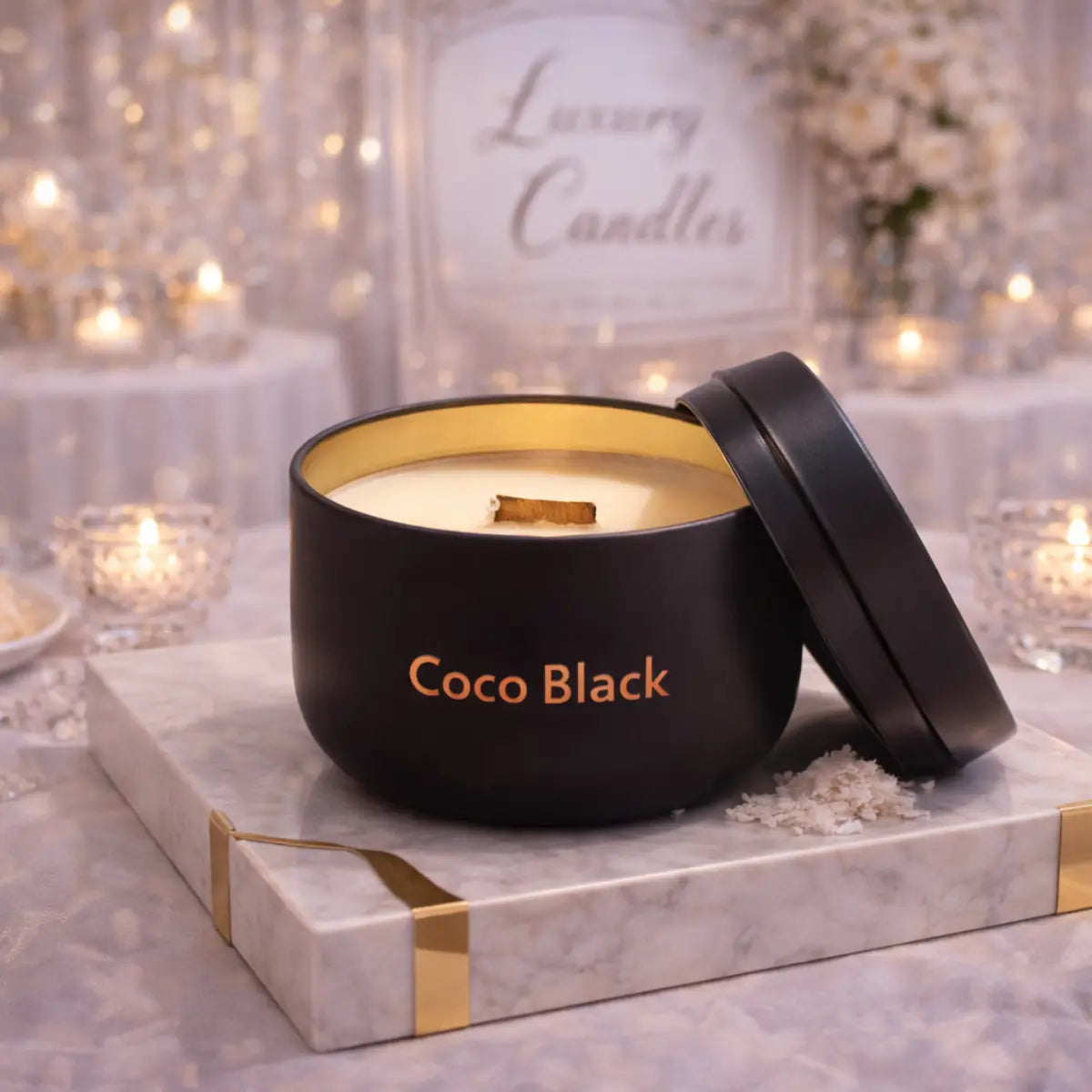 Kokoswachs Duftkerze Coco Black mit Cocosduft in Metaldose mit Deckel Luxus Aromakerze online kaufen