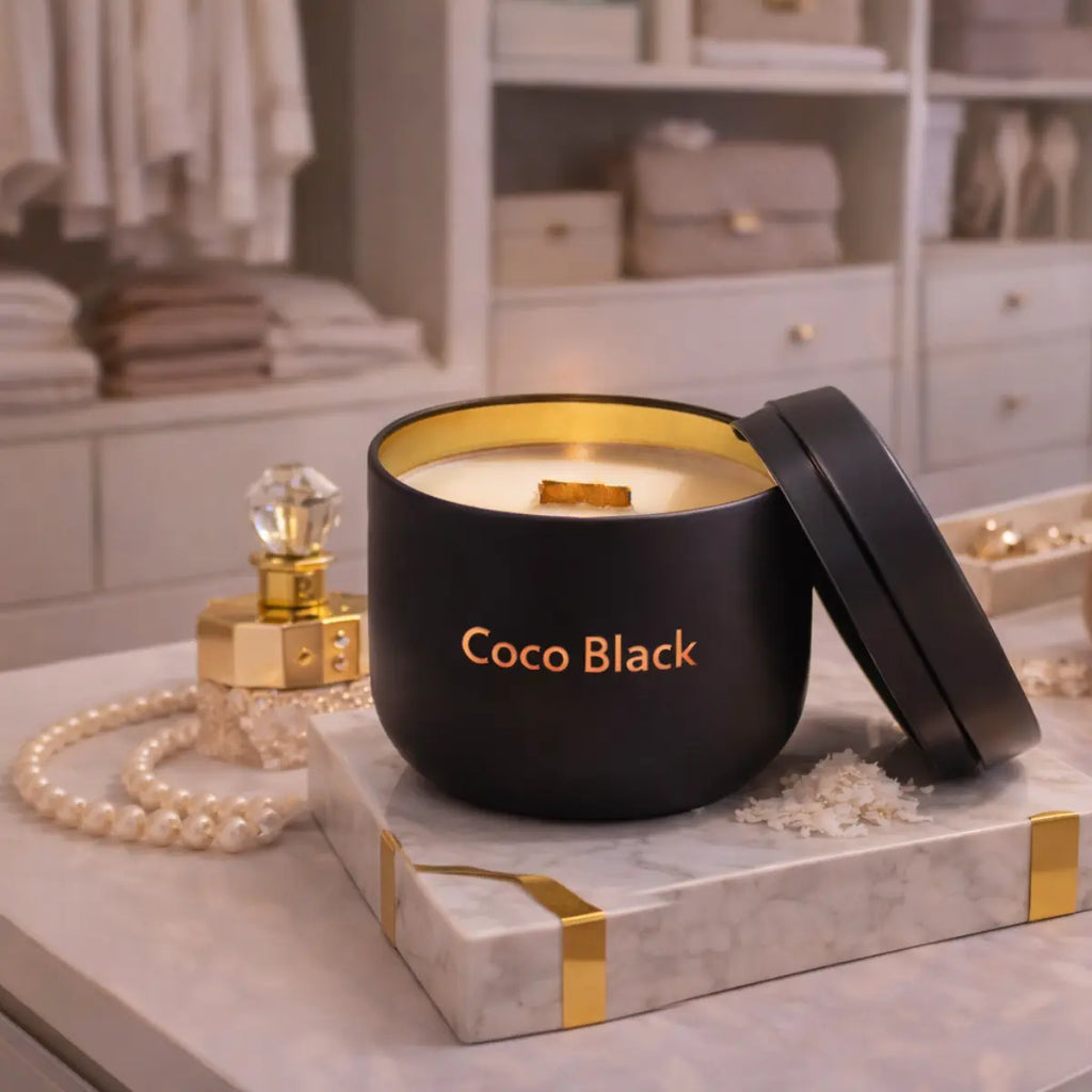 Premium Kokoswachs Duftkerze Coco Black mit Cocosduft in Metaldose mit Deckel Aromakerze online kaufen