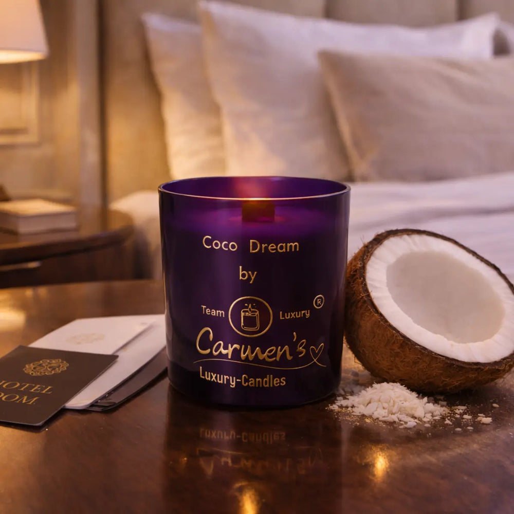 Kokoswachs Duftkerze Coco Dream mit Cocosduft im lila Glas Premium Aromakerze online kaufen