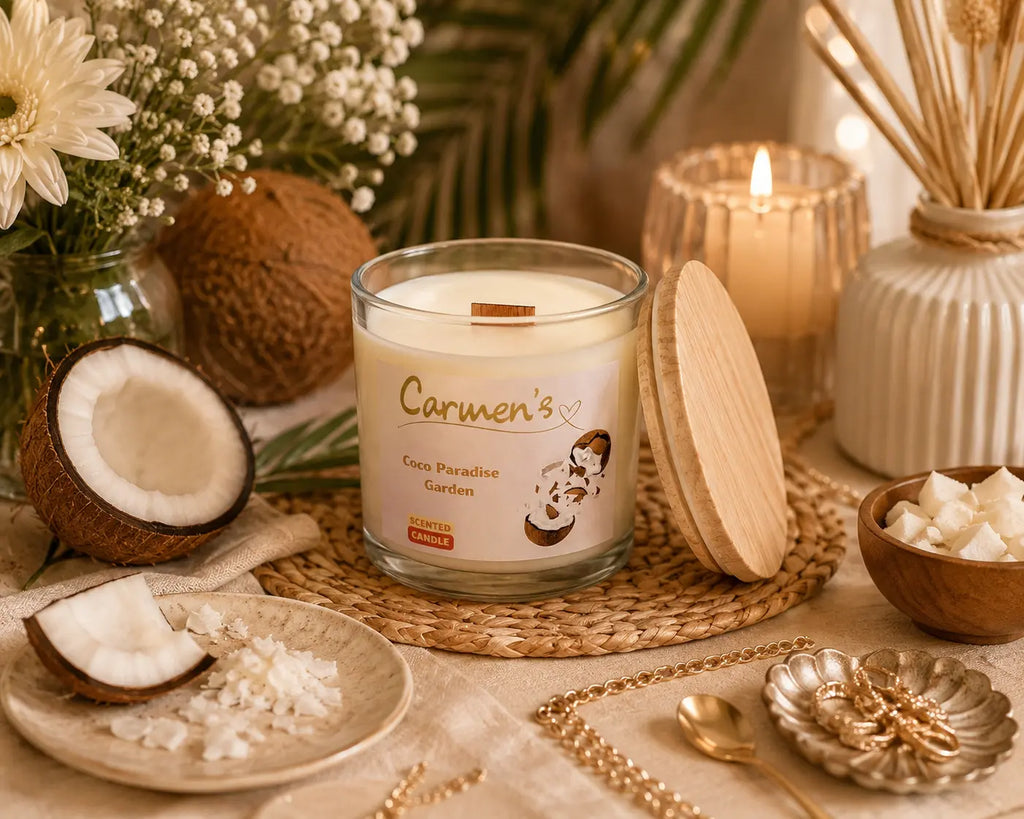 Carmen’s Coco Paradise Garden – Luxus Kokos-Duftkerze mit Holzdocht (ca. 840g)