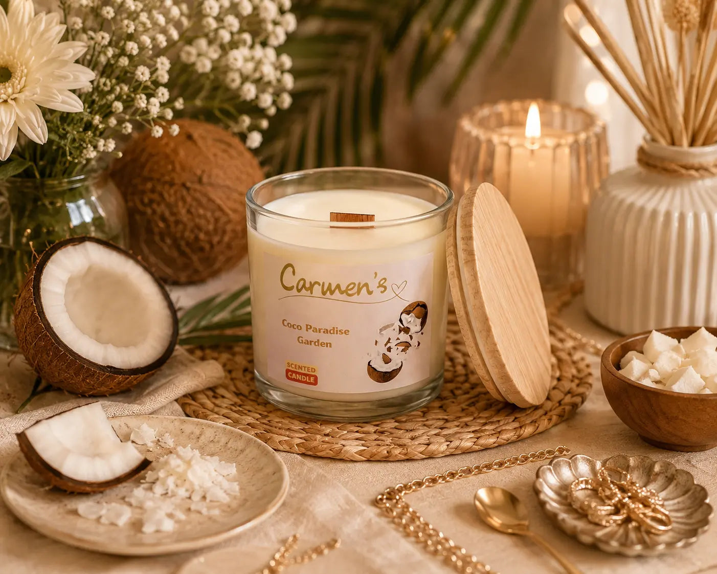 Carmen’s Coco Paradise Garden – Luxus Kokos-Duftkerze mit Holzdocht (ca. 840g)
