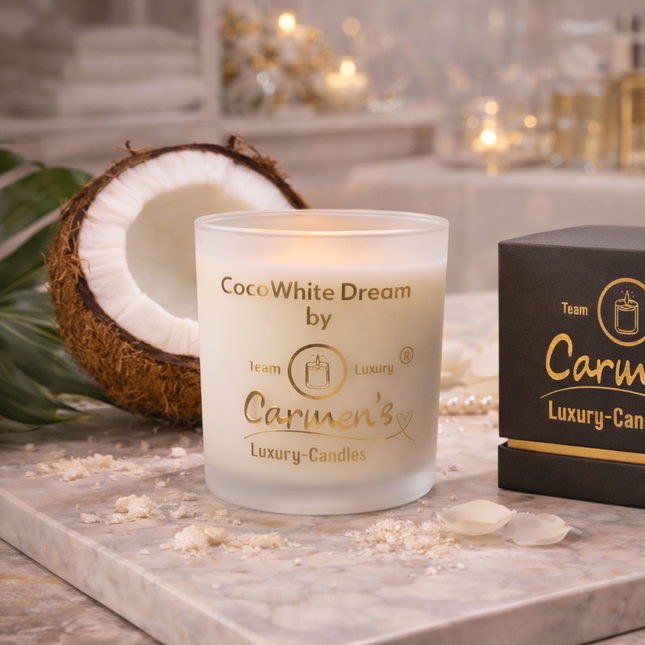 Coco White Dream – Handgefertigte Kokoswachs Kerze mit Coconut Bay Duft im Luxusglas