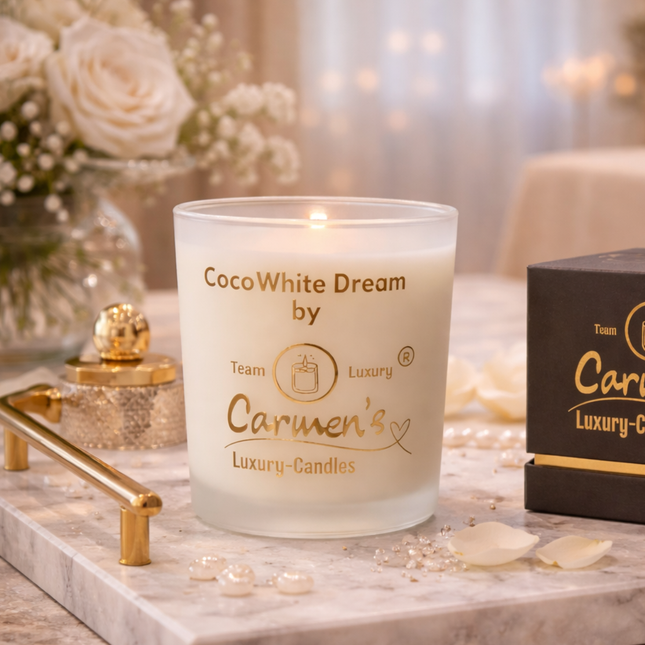 Coco White Dream – Handgefertigte Kokoswachs Kerze mit Coconut Bay Duft im Luxusglas
