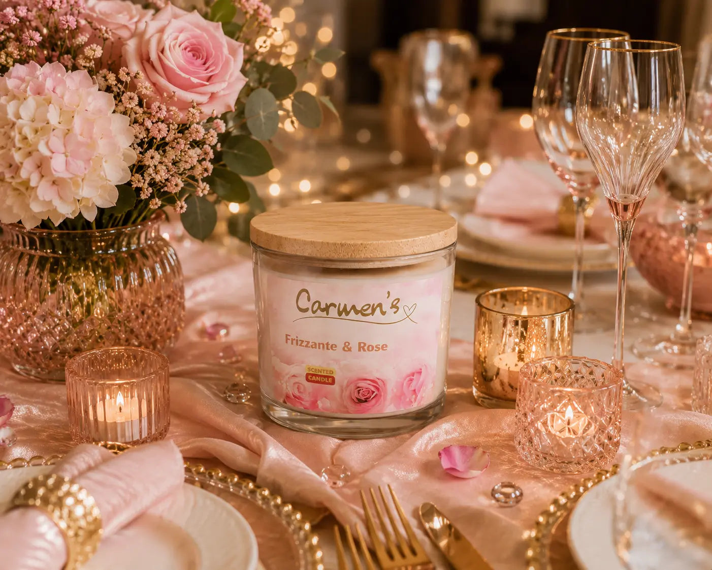 Carmen’s Frizzante & Rose – Luxus Soja-Duftkerze mit Holzdocht (ca. 840g)