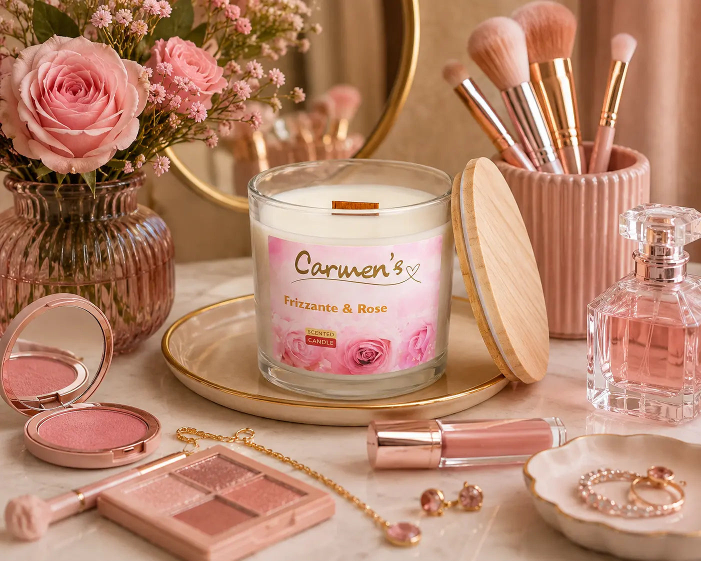 Carmen’s Frizzante & Rose – Luxus Soja-Duftkerze mit Holzdocht (ca. 840g)