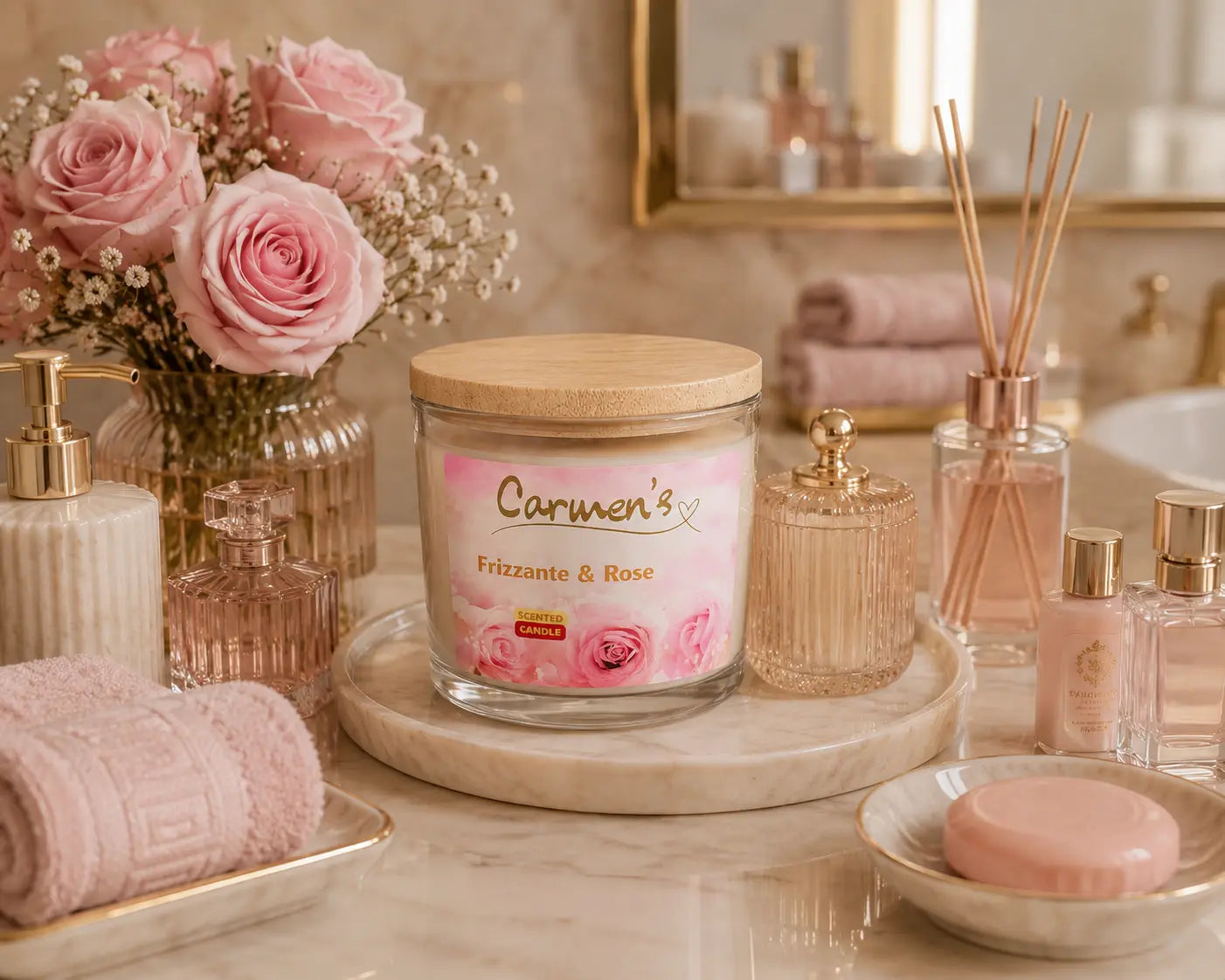 Carmen’s Frizzante & Rose – Luxus Soja-Duftkerze mit Holzdocht (ca. 840g)