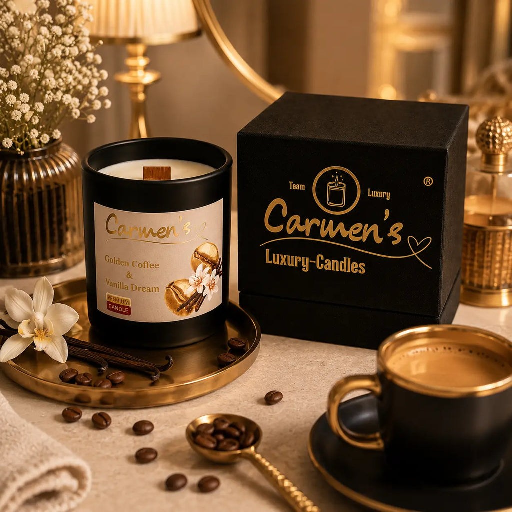 Carmen’s Golden Coffee & Vanilla Dream – Luxus Soja-Duftkerze mit Holzdocht (ca. 200g)