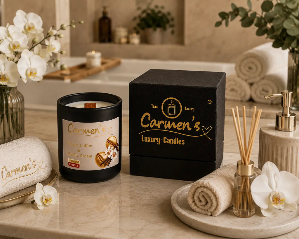 Carmen’s Golden Coffee & Vanilla Dream – Luxus Soja-Duftkerze mit Holzdocht (ca. 200g)