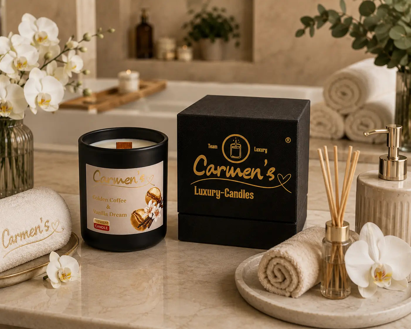 Carmen’s Golden Coffee & Vanilla Dream – Luxus Soja-Duftkerze mit Holzdocht (ca. 200g)