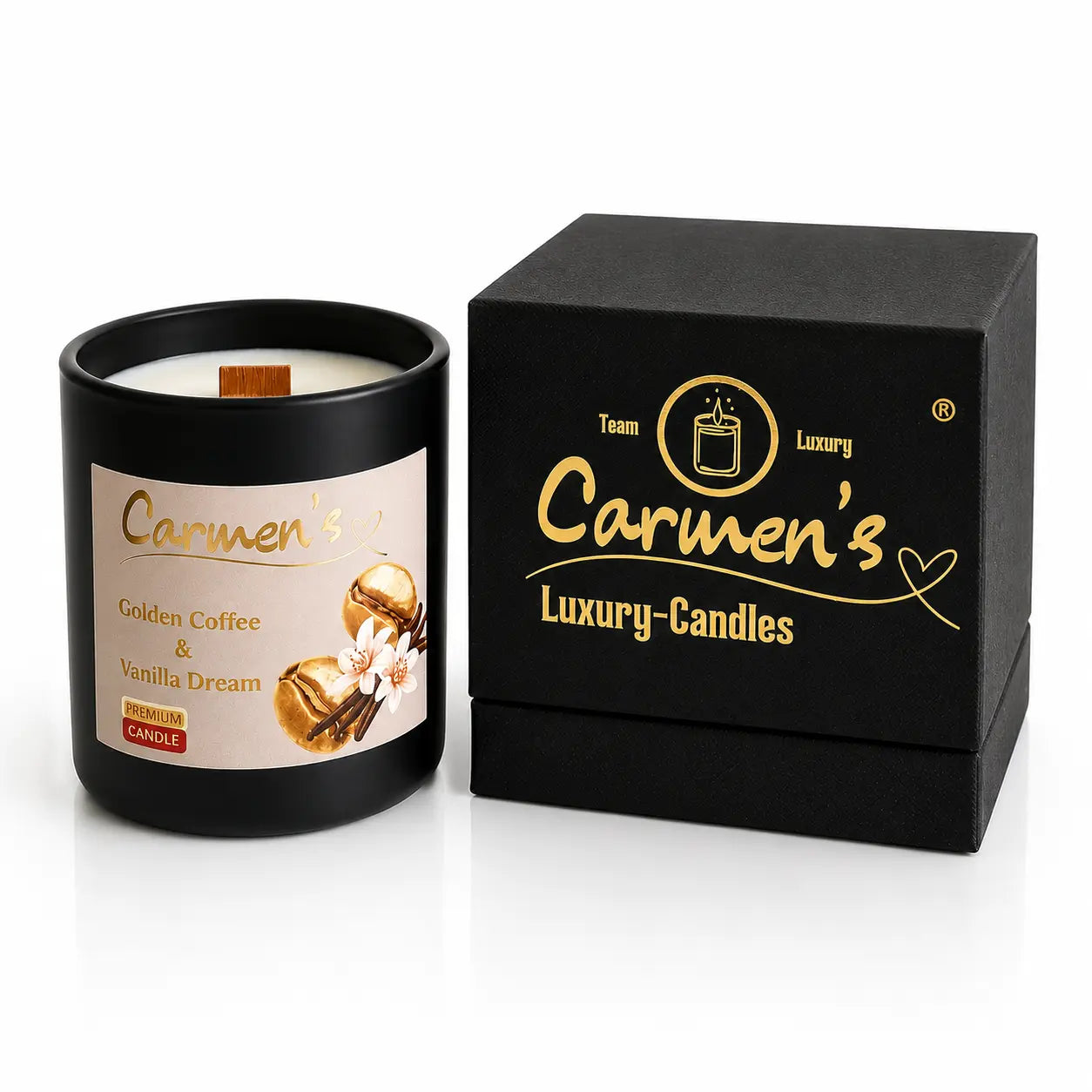 Carmen’s Golden Coffee & Vanilla Dream – Luxus Soja-Duftkerze mit Holzdocht (ca. 200g)