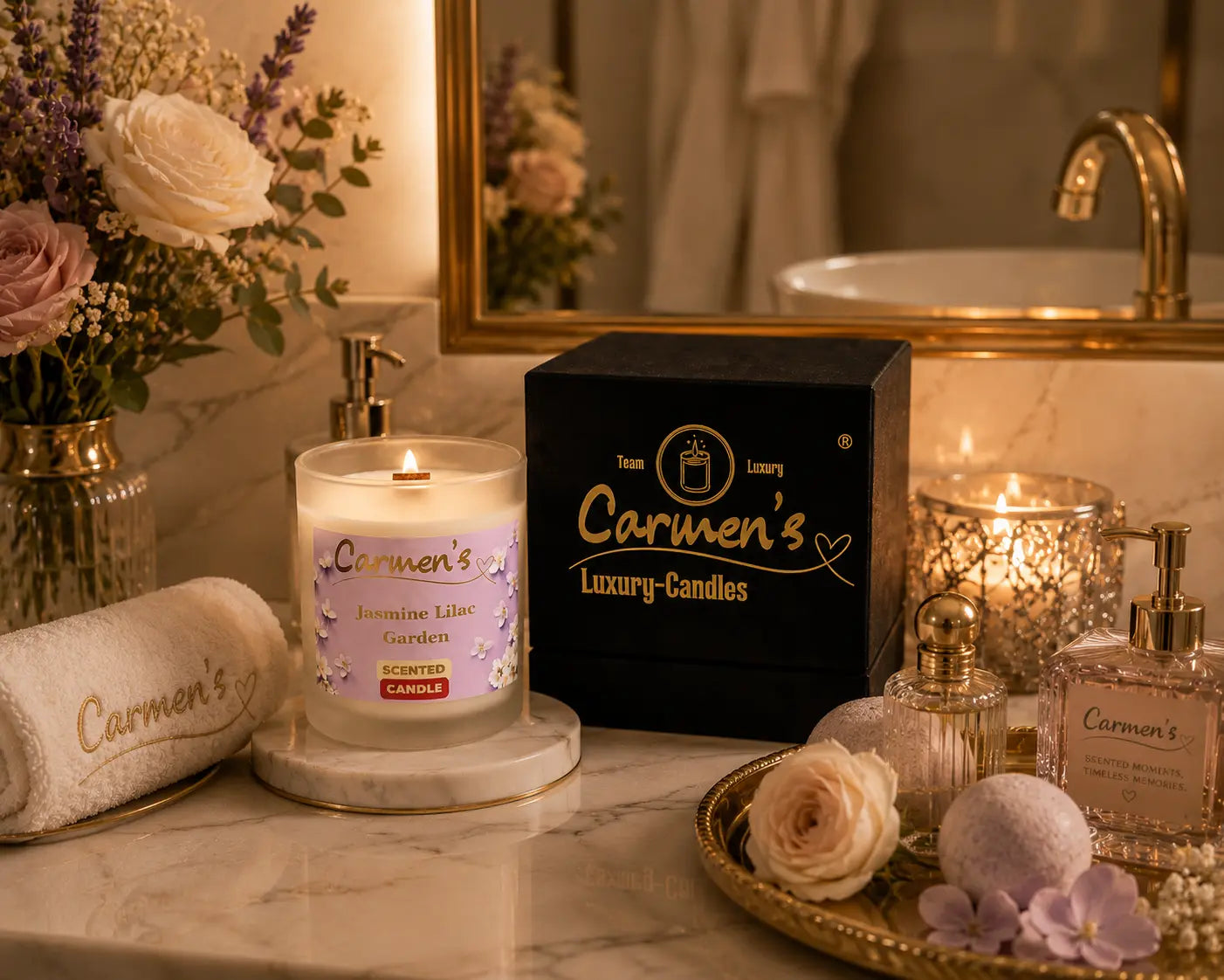 Carmen’s Jasmine Lilac Garden – Luxus Soja-Duftkerze mit Holzdocht (ca. 0,2kg)