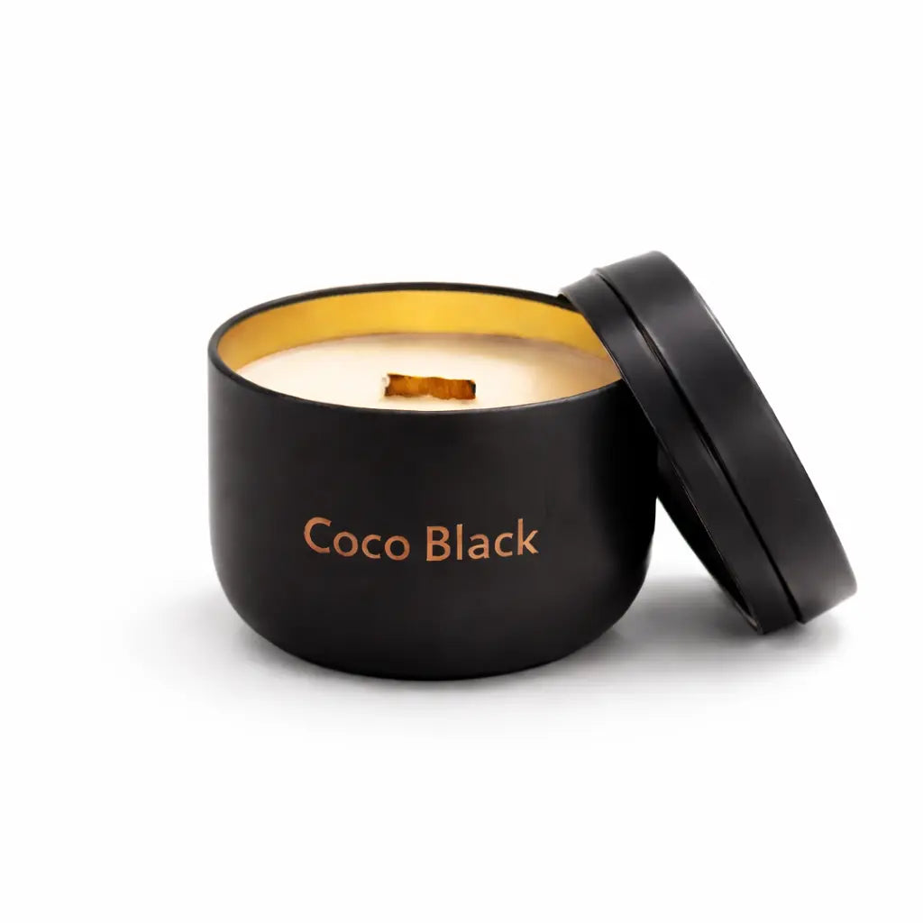 Kokoswachs Duftkerze mit Cocosduft in schwarzer Metaldose Premium Aromakerze online kaufen
