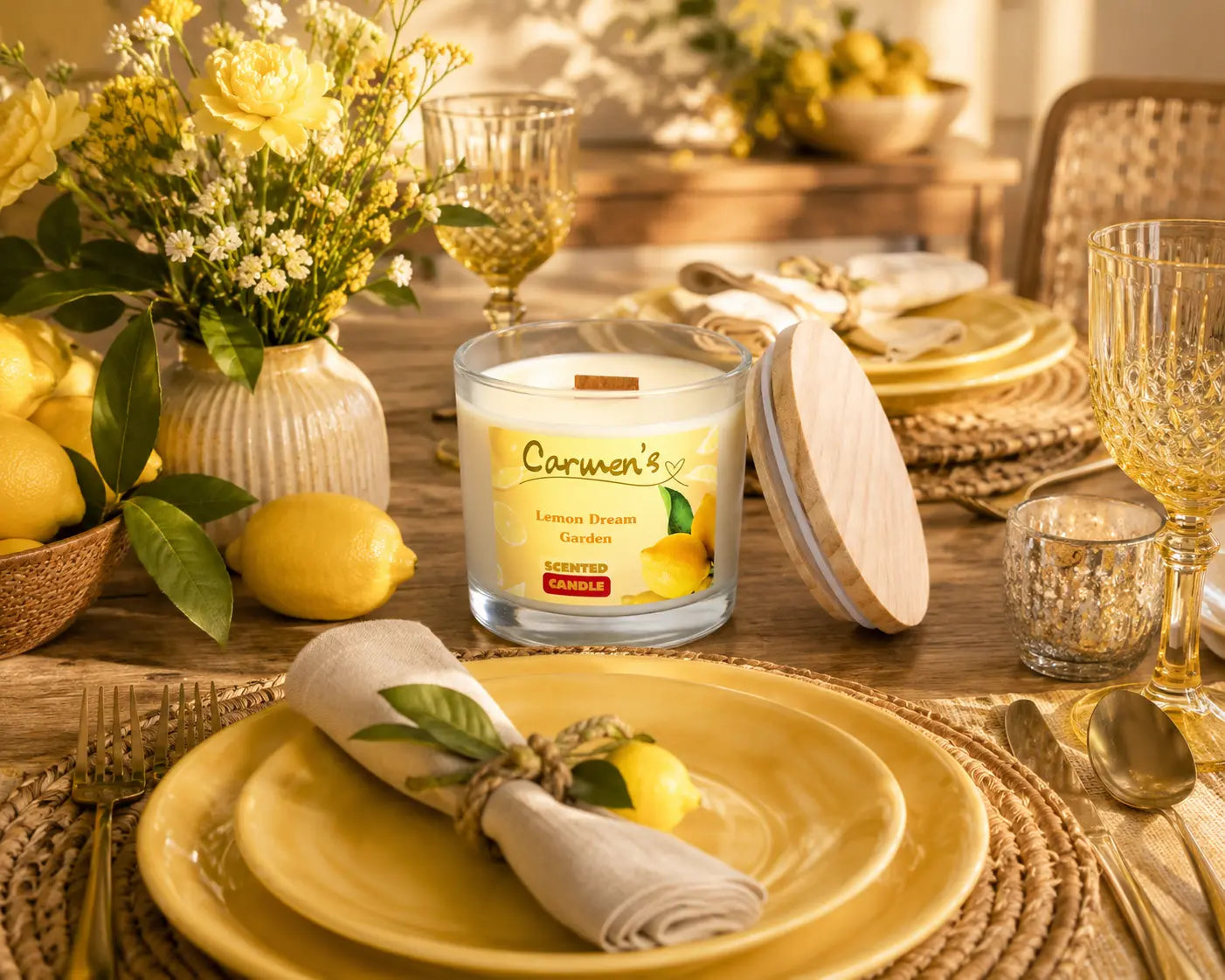 Carmen’s Lemon Dream Garden – Luxus Soja-Duftkerze mit Holzdocht (ca. 840g)