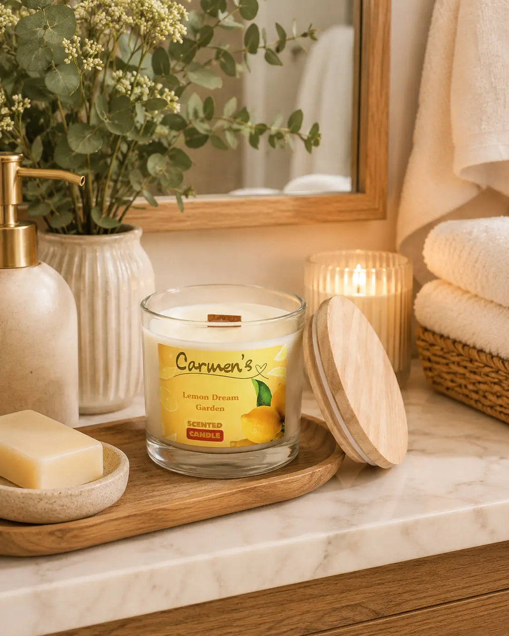 Carmen’s Lemon Dream Garden – Luxus Soja-Duftkerze mit Holzdocht (ca. 840g)