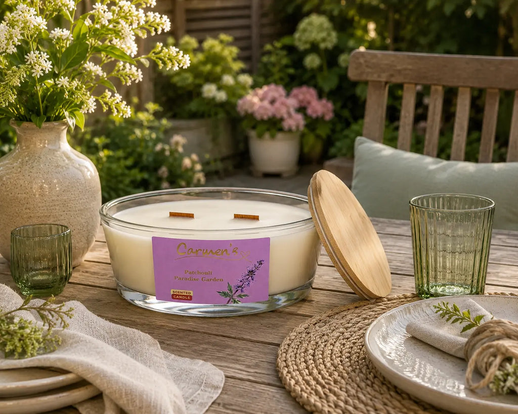 Carmen’s Patchouli Paradise Garden – Soja-Duftkerze mit 2 Holzdochten (Groß)