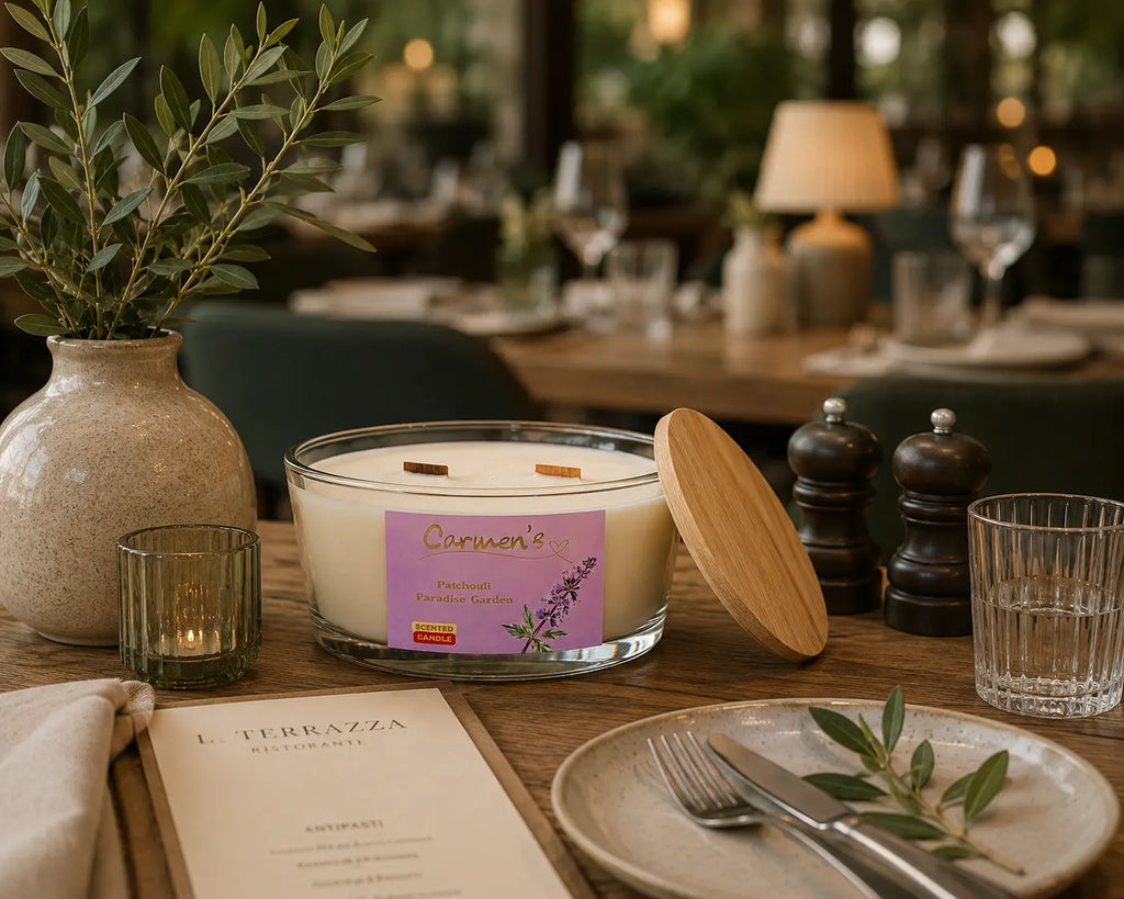 Carmen’s Patchouli Paradise Garden – Soja-Duftkerze mit 2 Holzdochten (Groß)
