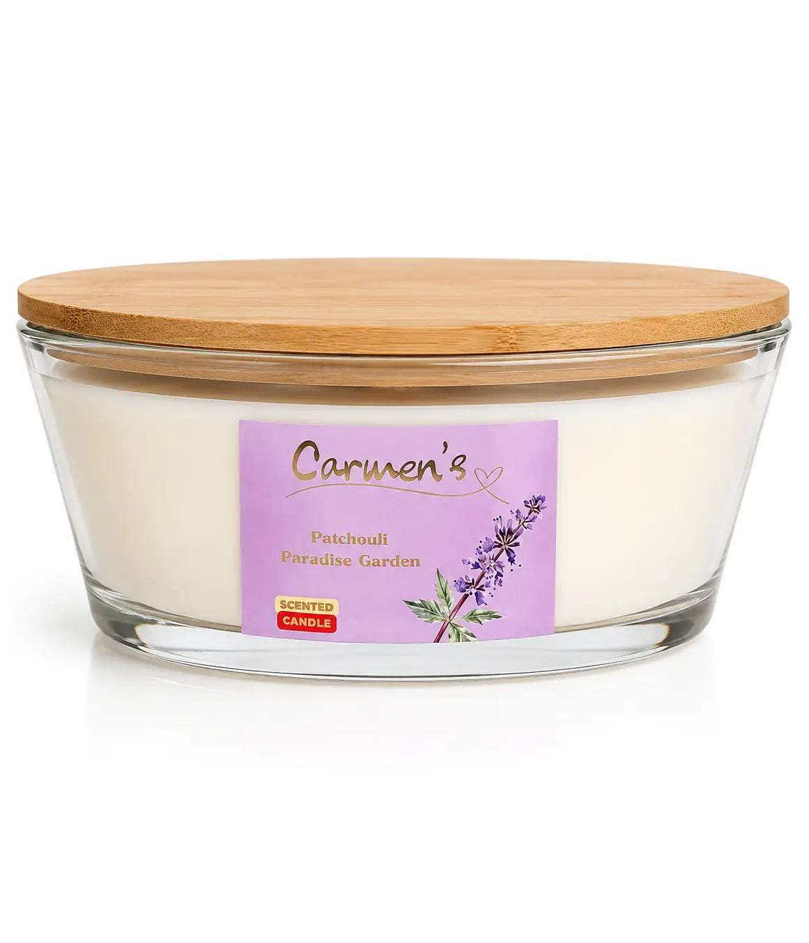 Carmen’s Patchouli Paradise Garden – Soja-Duftkerze mit 2 Holzdochten (Groß)