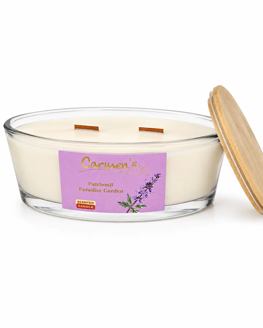 Carmen’s Patchouli Paradise Garden – Soja-Duftkerze mit 2 Holzdochten (Groß)