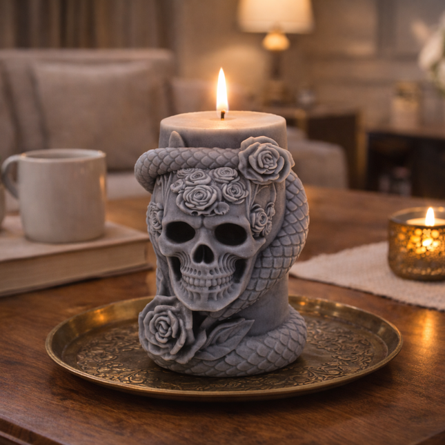 Skull with snake and rose design – Handcrafted Candle / Handmade Candle / Bougie artisanale / Lumânare artizanală / Vela artesanal
