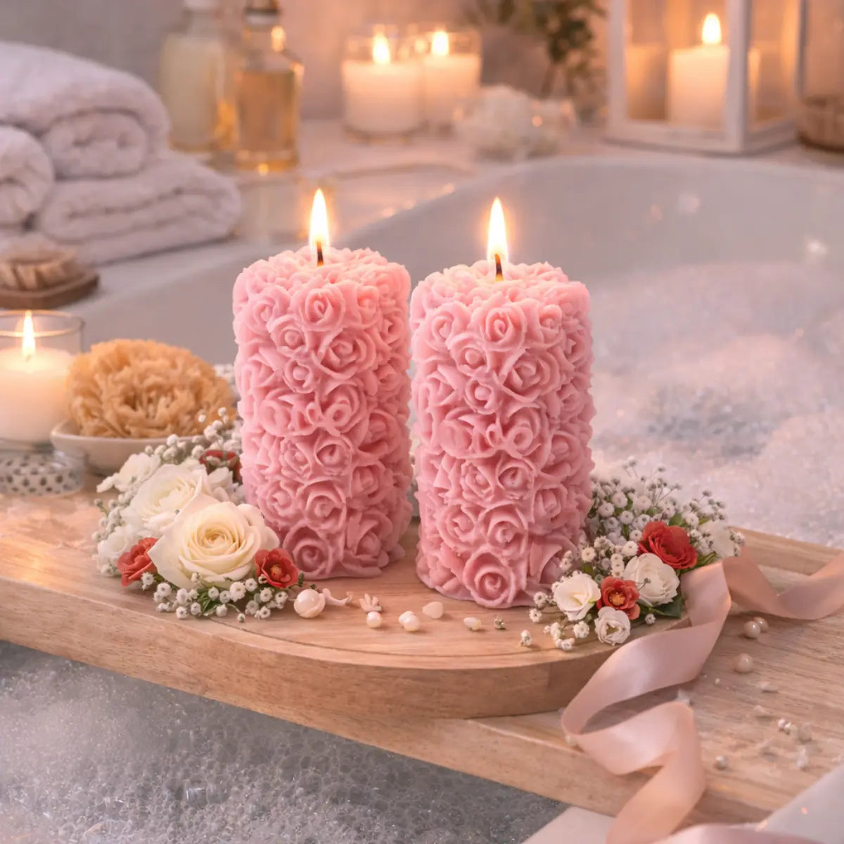 Sojawachs Duftkerzen 2er Set mit Vanilleduft Säulen mit Rosen Relief dekorative Aromakerzen online bestellen