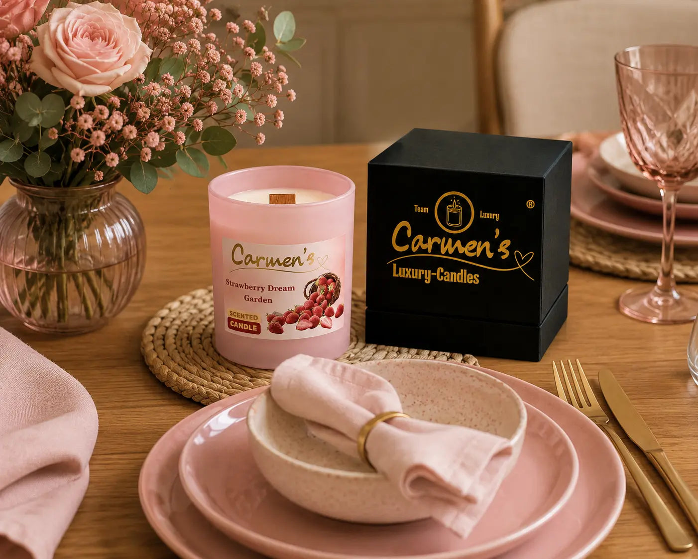 Carmen’s Strawberry Dream Garden – Luxus Soja-Duftkerze mit Holzdocht (ca. 0,2kg)
